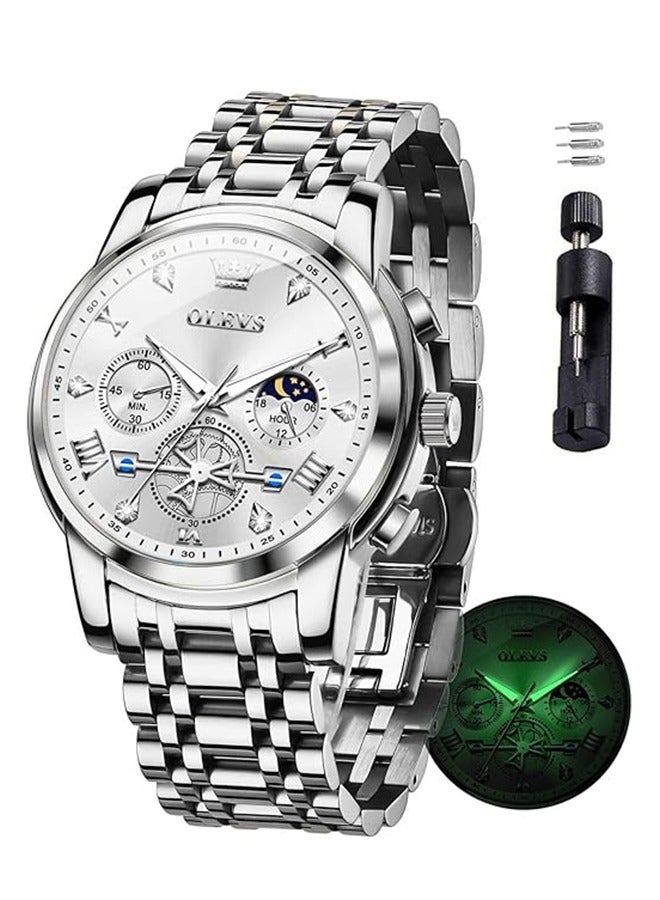 OLEVS OLEVS Mens Watches Luxury Business Stainless Steel Chronograph Moon Phase Waterproof Date Analog Quartz Dress Watches for Men  - Image 2