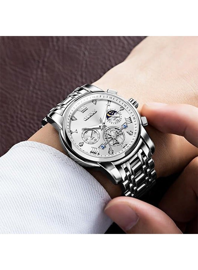 OLEVS OLEVS Mens Watches Luxury Business Stainless Steel Chronograph Moon Phase Waterproof Date Analog Quartz Dress Watches for Men  - Image 3