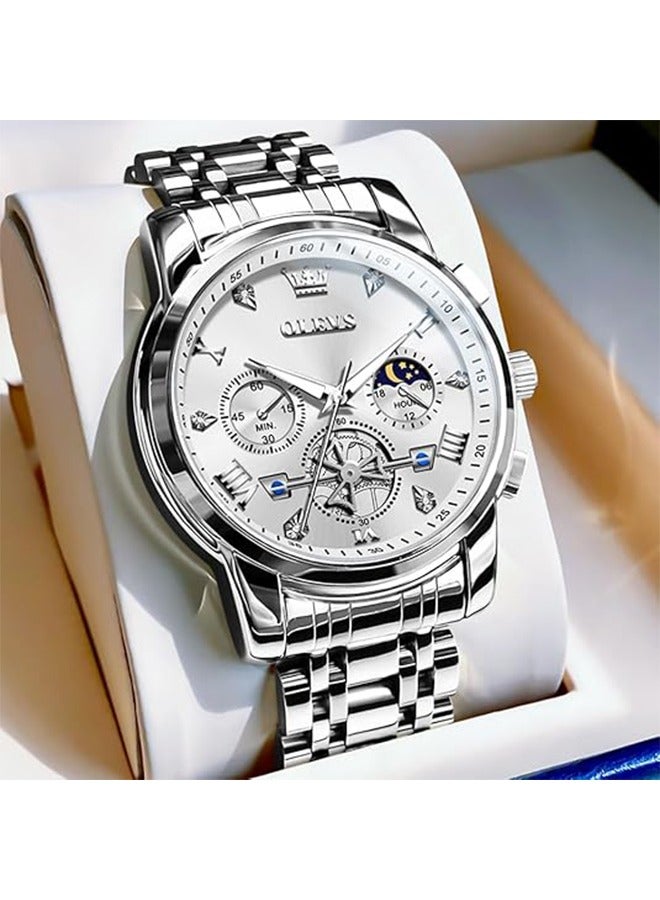 OLEVS OLEVS Mens Watches Luxury Business Stainless Steel Chronograph Moon Phase Waterproof Date Analog Quartz Dress Watches for Men  - Image 4