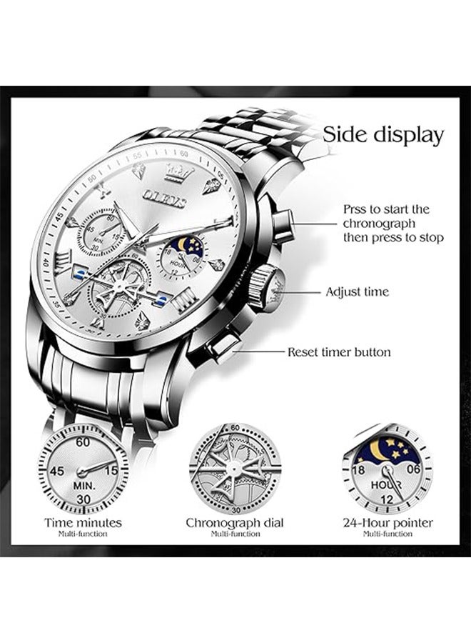 OLEVS OLEVS Mens Watches Luxury Business Stainless Steel Chronograph Moon Phase Waterproof Date Analog Quartz Dress Watches for Men  - Image 5