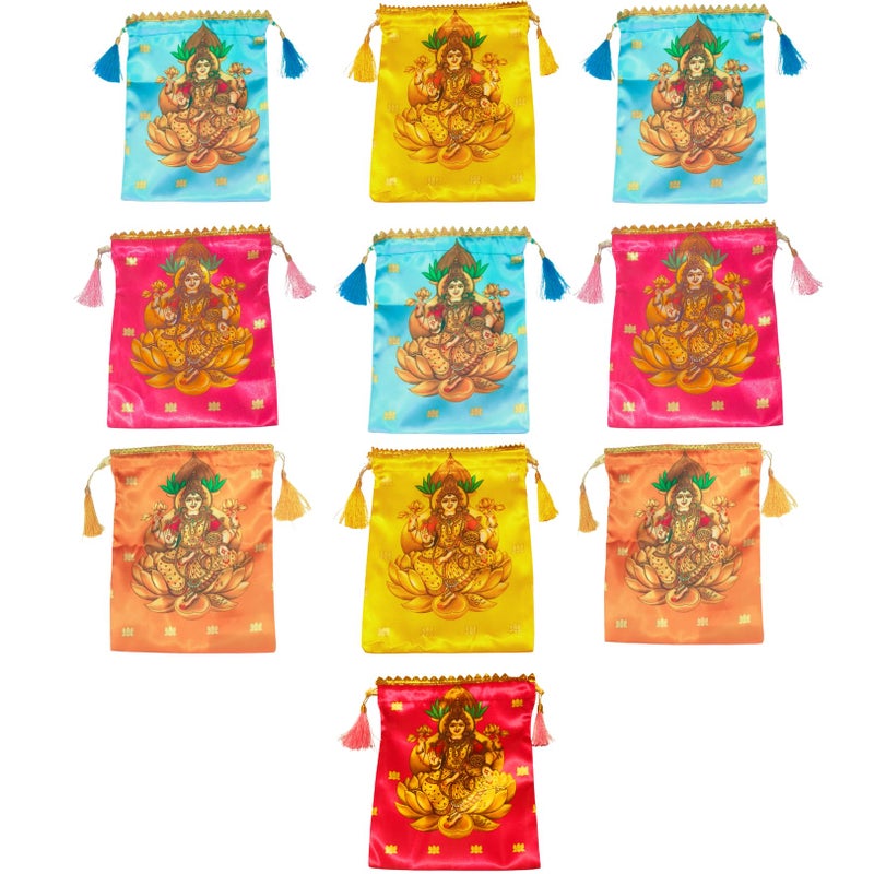 Sri Yagnaa - Pack of 10 - Varalaxmi Design Potli Bags - Women's Silk Drawstring Closure - Gift Pouches - for Return Gifting - Potli Bags for Thamboolam - Fabric Potli Batwa Bag (Multi-Color) - Image 5