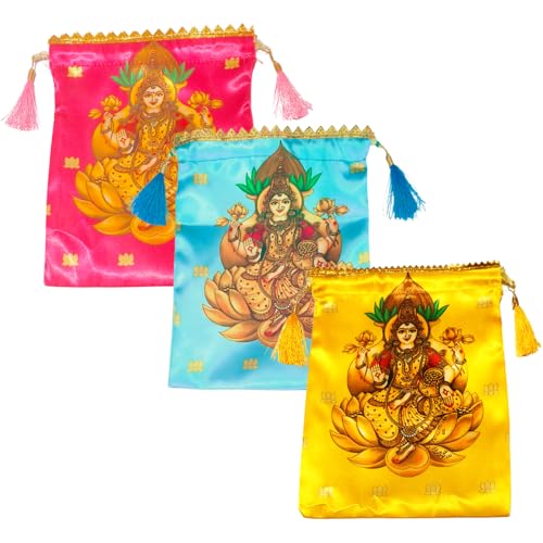 Sri Yagnaa - Pack of 10 - Varalaxmi Design Potli Bags - Women's Silk Drawstring Closure - Gift Pouches - for Return Gifting - Potli Bags for Thamboolam - Fabric Potli Batwa Bag (Multi-Color) - Image 3