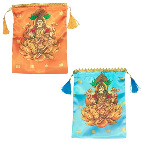 Sri Yagnaa - Pack of 10 - Varalaxmi Design Potli Bags - Women's Silk Drawstring Closure - Gift Pouches - for Return Gifting - Potli Bags for Thamboolam - Fabric Potli Batwa Bag (Multi-Color) - Image 2
