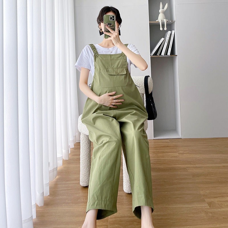 Qi Ta Maternity Overalls Summer Thin Set Loose Fit Plus Size Cotton Suspender Pants High Waist - Image 4