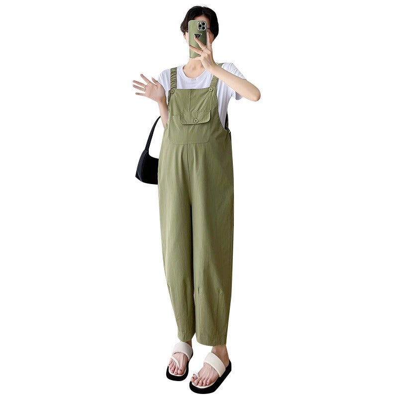 Qi Ta Maternity Overalls Summer Thin Set Loose Fit Plus Size Cotton Suspender Pants High Waist - Image 5