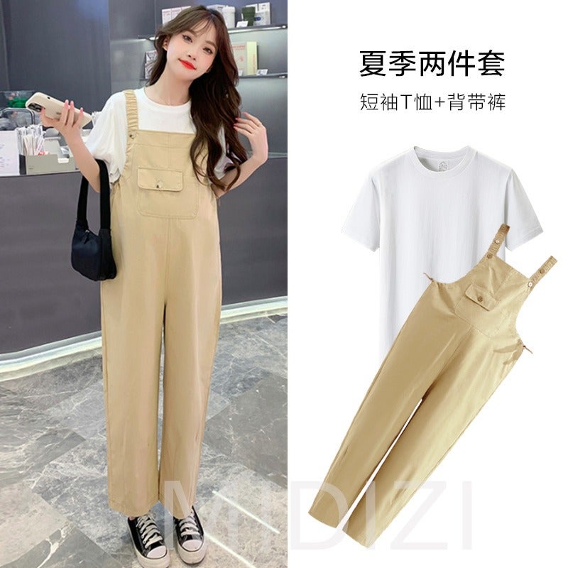 Qi Ta Maternity Overalls Summer Thin Set Loose Fit Plus Size Cotton Suspender Pants High Waist - Image 1