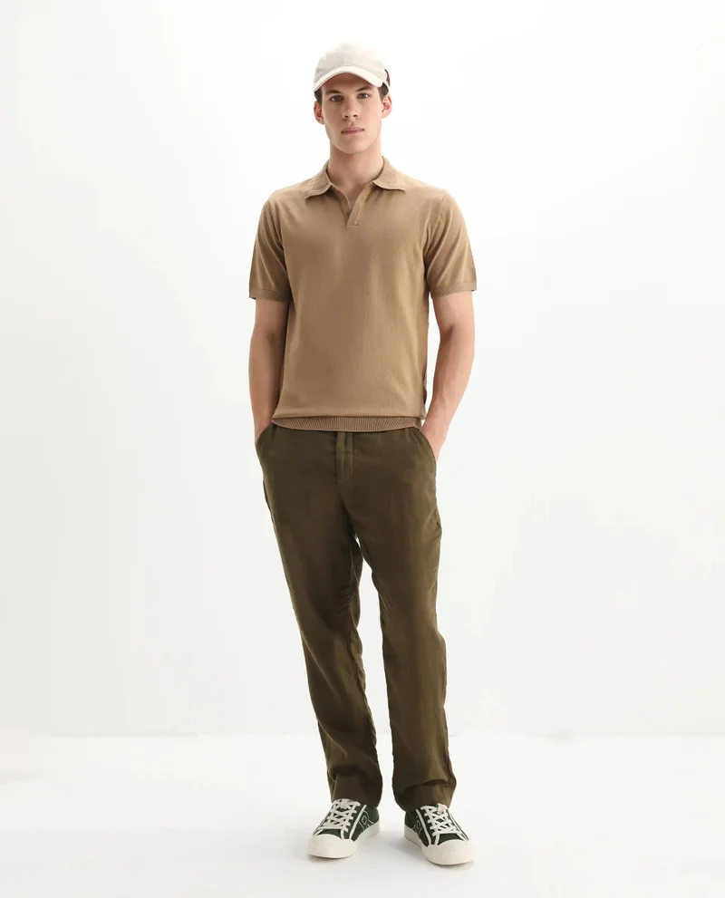 Rare Rabbit Rare Rabbit Men's Teny Khaki Cotton Blend Fabric Half Sleeve Spread Collar Regular Fit Plain Polo