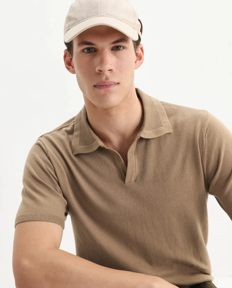 Rare Rabbit Rare Rabbit Men's Teny Khaki Cotton Blend Fabric Half Sleeve Spread Collar Regular Fit Plain Polo