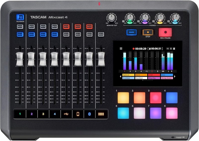 TASCAM Mixcast 4 Podcast Streaming Mixer, Recorder, and USB Audio Interface — Four XLR/TRS Mic Inputs, Touch Screen and Editing Software Included - Image 1