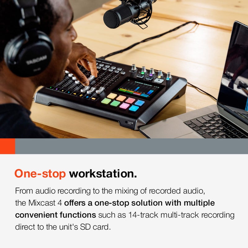 TASCAM Mixcast 4 Podcast Streaming Mixer, Recorder, and USB Audio Interface — Four XLR/TRS Mic Inputs, Touch Screen and Editing Software Included - Image 5