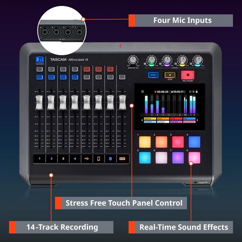 TASCAM Mixcast 4 Podcast Streaming Mixer, Recorder, and USB Audio Interface — Four XLR/TRS Mic Inputs, Touch Screen and Editing Software Included - Image 3