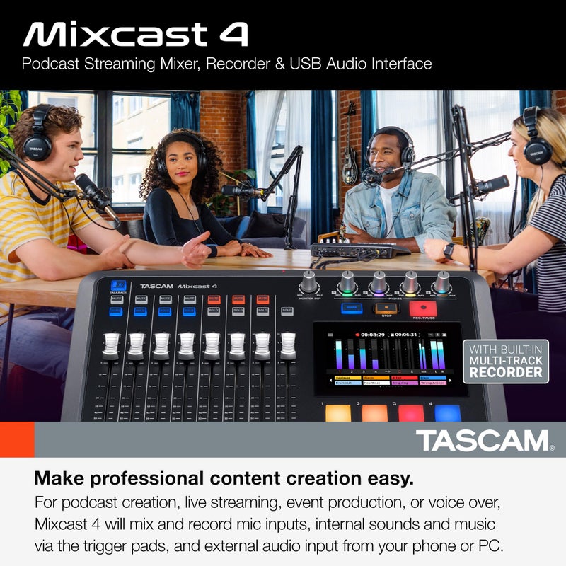 TASCAM Mixcast 4 Podcast Streaming Mixer, Recorder, and USB Audio Interface — Four XLR/TRS Mic Inputs, Touch Screen and Editing Software Included - Image 2