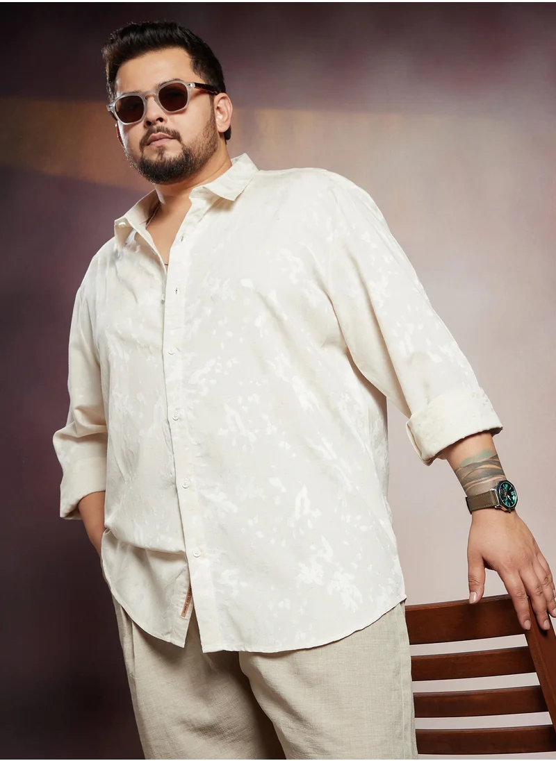 انستافاب بلس Instafab Plus Men's Daisy White Splatter Self-Texture Shirt For Casual Wear | Spread Collar | Long Cuffed Sleeves | Button Closure | Plus Size Shirt Crafted With Comfort Fit For Everyday Wear