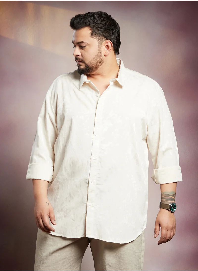 انستافاب بلس Instafab Plus Men's Daisy White Splatter Self-Texture Shirt For Casual Wear | Spread Collar | Long Cuffed Sleeves | Button Closure | Plus Size Shirt Crafted With Comfort Fit For Everyday Wear