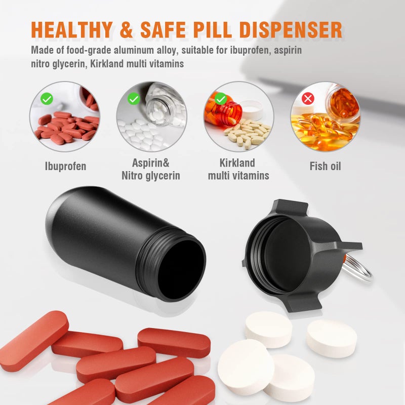 Tops Home 2 Packs Pill Keychain, Pill Case, Waterproof Pill Holder, Portable Pill Container, Aluminum Alloy, Single Chamber, Small Pocket Pill Box for Purse, Backpack, Medicine Bottle EDC for Outdoor Travel - Image 5