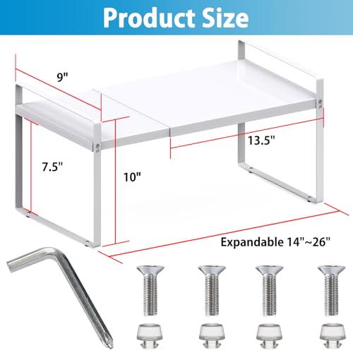 Yuleimy Expandable Cabinet Shelf Organizer Riser (14"-26"), Heavy Duty 9" Deep Metal Countertop Storage Rack for Kitchen Pantry & Cupboard, Holds 55 LBS with Nonslip Legs, White - Image 3