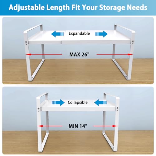 Yuleimy Expandable Cabinet Shelf Organizer Riser (14"-26"), Heavy Duty 9" Deep Metal Countertop Storage Rack for Kitchen Pantry & Cupboard, Holds 55 LBS with Nonslip Legs, White - Image 2