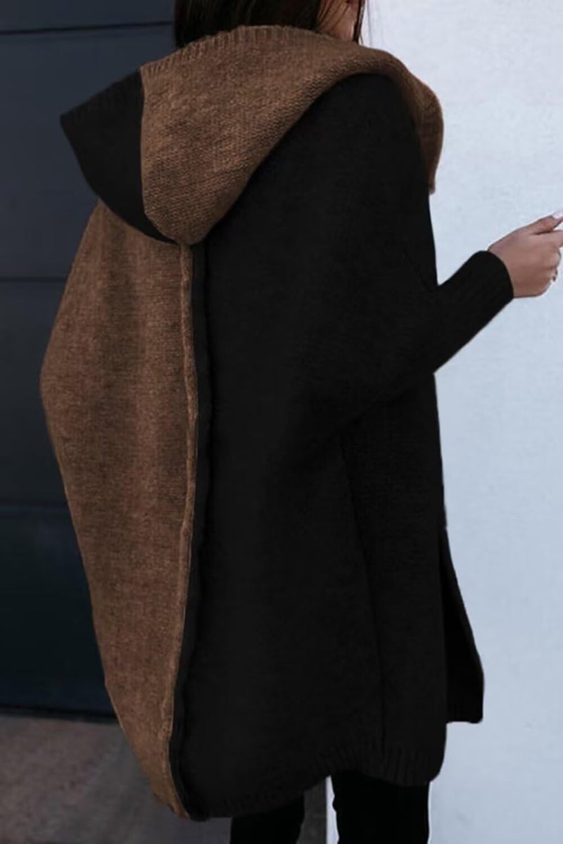 Astylish Women Casual Fall Fashion Hooded Color Block Open Front Cardigan Long Sleeve Sweater Outwear Black Large - Image 5
