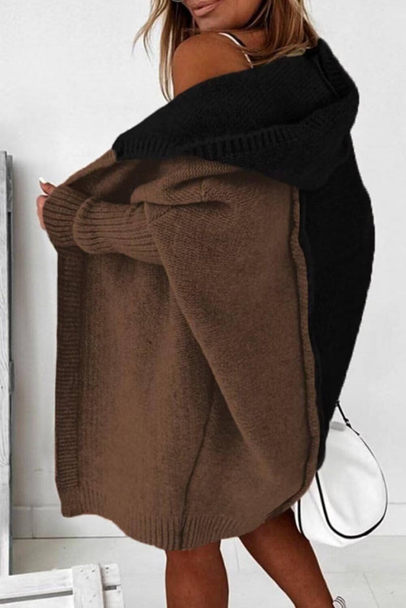 Astylish Women Casual Fall Fashion Hooded Color Block Open Front Cardigan Long Sleeve Sweater Outwear Black Large - Image 3