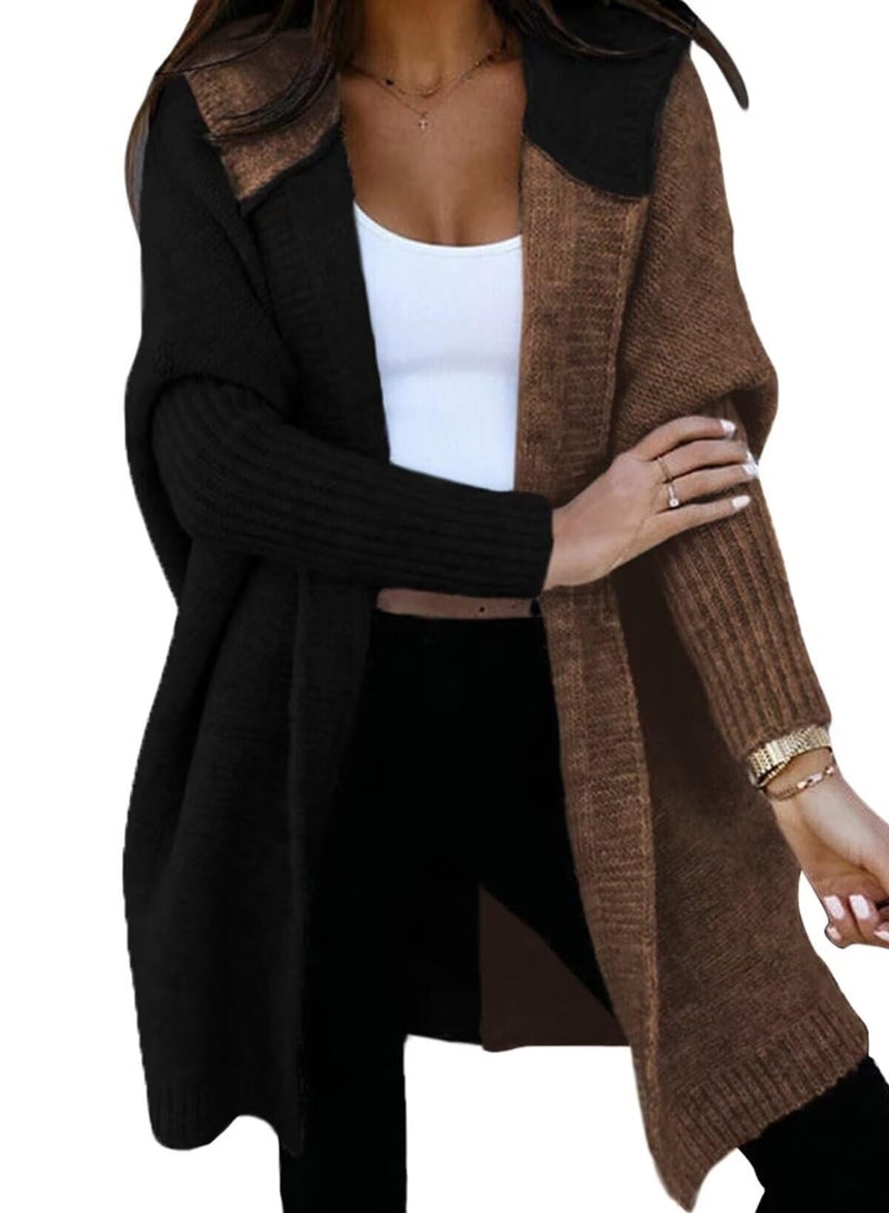 Astylish Women Casual Fall Fashion Hooded Color Block Open Front Cardigan Long Sleeve Sweater Outwear Black Large - Image 4