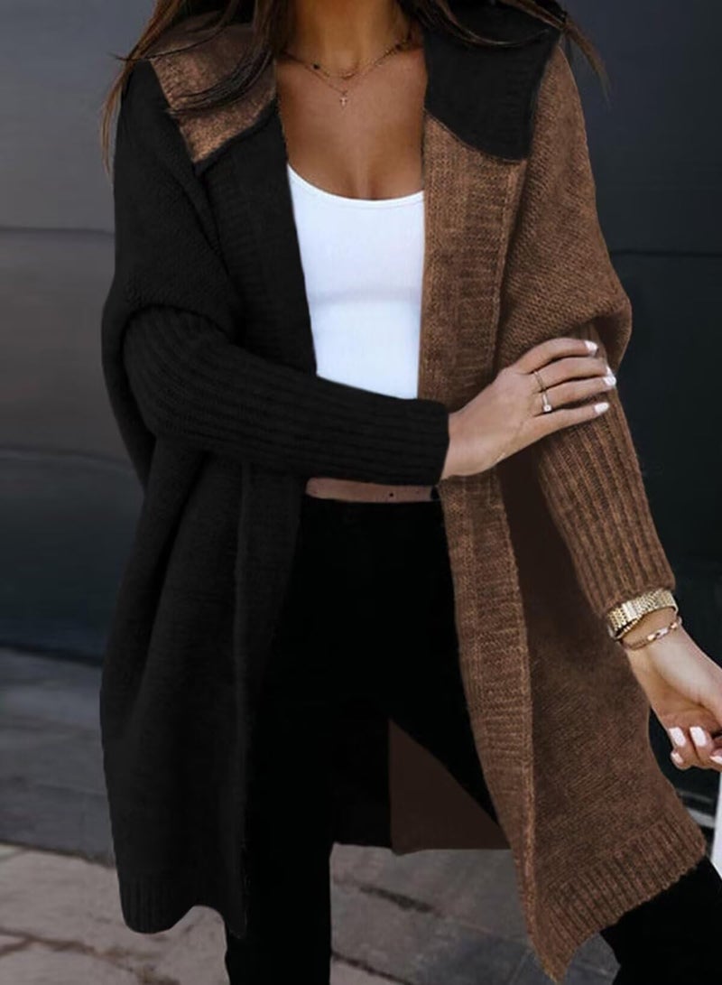 Astylish Women Casual Fall Fashion Hooded Color Block Open Front Cardigan Long Sleeve Sweater Outwear Black Large - Image 2