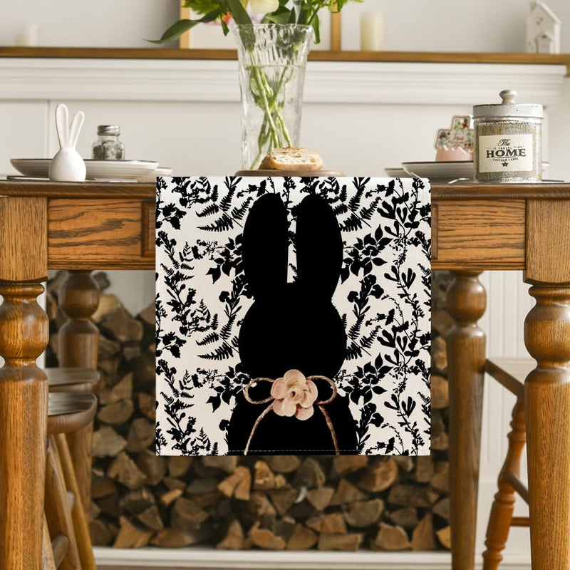 Artoid Mode Black Rabbit Bunny Bow Wild Weeds 210 GSM Easter Table Runner, Seasonal Kitchen Dining Table Decoration for Home Party Decor 13x72 Inch - Image 2