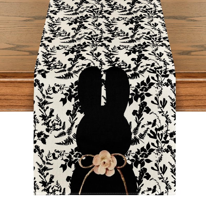 Artoid Mode Black Rabbit Bunny Bow Wild Weeds 210 GSM Easter Table Runner, Seasonal Kitchen Dining Table Decoration for Home Party Decor 13x72 Inch - Image 1