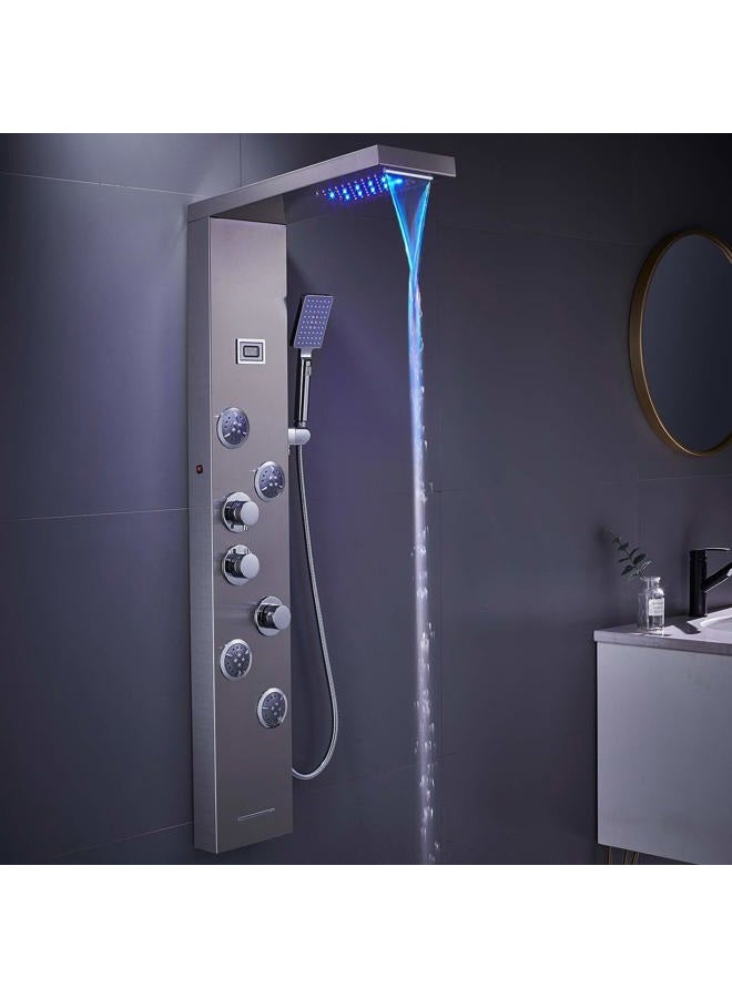 MENATT LED Shower Panel Tower System, 6 in 1 Stainless Steel LED Shower Column, Rainfall & Waterfall Head, Massage Jets, Tub Spout, Handheld Shower(Brushed) - Image 2