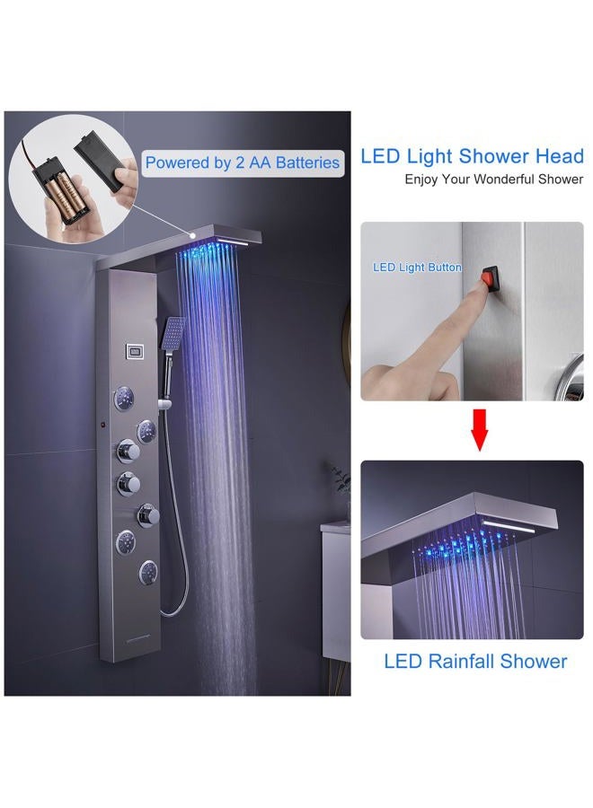 MENATT LED Shower Panel Tower System, 6 in 1 Stainless Steel LED Shower Column, Rainfall & Waterfall Head, Massage Jets, Tub Spout, Handheld Shower(Brushed) - Image 5