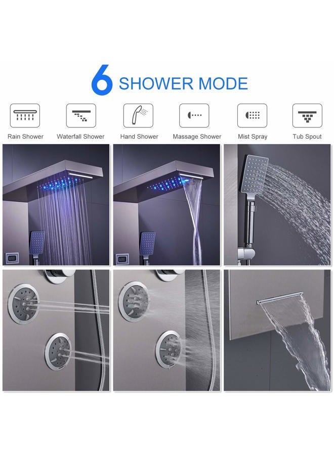MENATT LED Shower Panel Tower System, 6 in 1 Stainless Steel LED Shower Column, Rainfall & Waterfall Head, Massage Jets, Tub Spout, Handheld Shower(Brushed) - Image 4