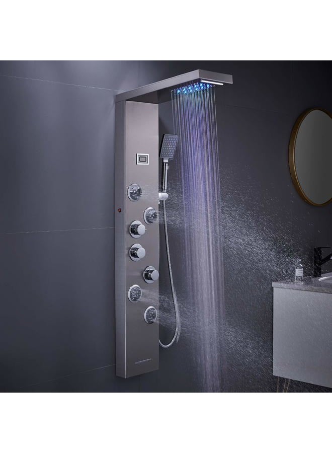 MENATT LED Shower Panel Tower System, 6 in 1 Stainless Steel LED Shower Column, Rainfall & Waterfall Head, Massage Jets, Tub Spout, Handheld Shower(Brushed) - Image 1