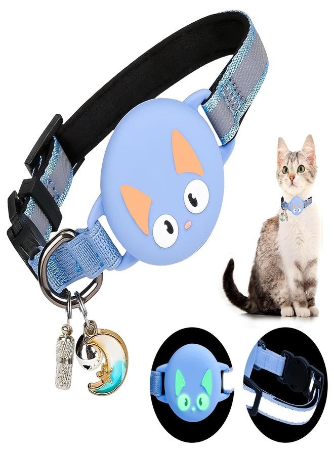 Woyinger Reflective Breakaway Cat Collar for AirTag (1st & 2nd Gen) Holder - Waterproof Safety Buckle Kitten Collar with Bell, Luminous Lightweight GPS Tracker Case for Apple for Air Tag (Blue) - Image 1