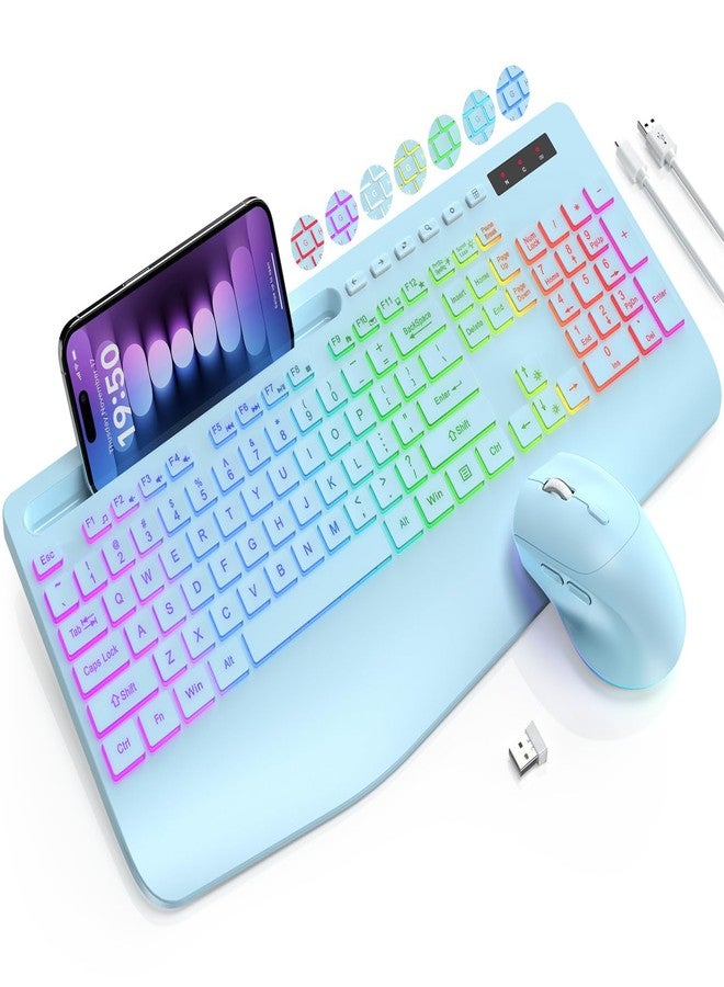SABLUTE Wireless Keyboard and Mouse Combo, 9 Backlit Effects, Wrist Rest, Phone Holder, 3 DPI Speed, 2.4G Ergonomic Keyboards, Rechargeable Silent Cordless Set for Computer, Laptop, Mac, Windows, Blue-SABLUTE - Image 1