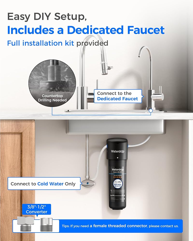 Waterdrop 10UB Under Sink Water Filter System, NSF/ANSI 42 Certified, with Dedicated Faucet, 8K Gallons High Chlorine Reduction Capacity, Idea for Renting, USA Tech - Image 5