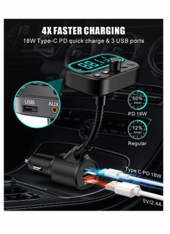 KASTWAVE Bluetooth 5.0 FM Transmitter for Car, USB C PD Bluetooth Car Adapter with Dual Mic 2.0" LCD Display 3 USB Ports 9 Color LED Backlit, Wireless Car Kit  - Image 3