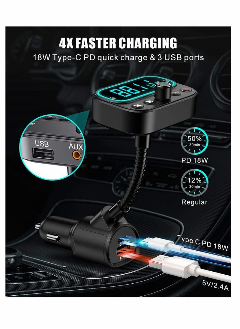 KASTWAVE - Bluetooth 5.0 FM Transmitter for Car, USB C PD Bluetooth Car Adapter with Dual Mic 2.0" LCD Display 3 USB Ports 9 Color LED Backlit, Wireless Car Kit - Image 1