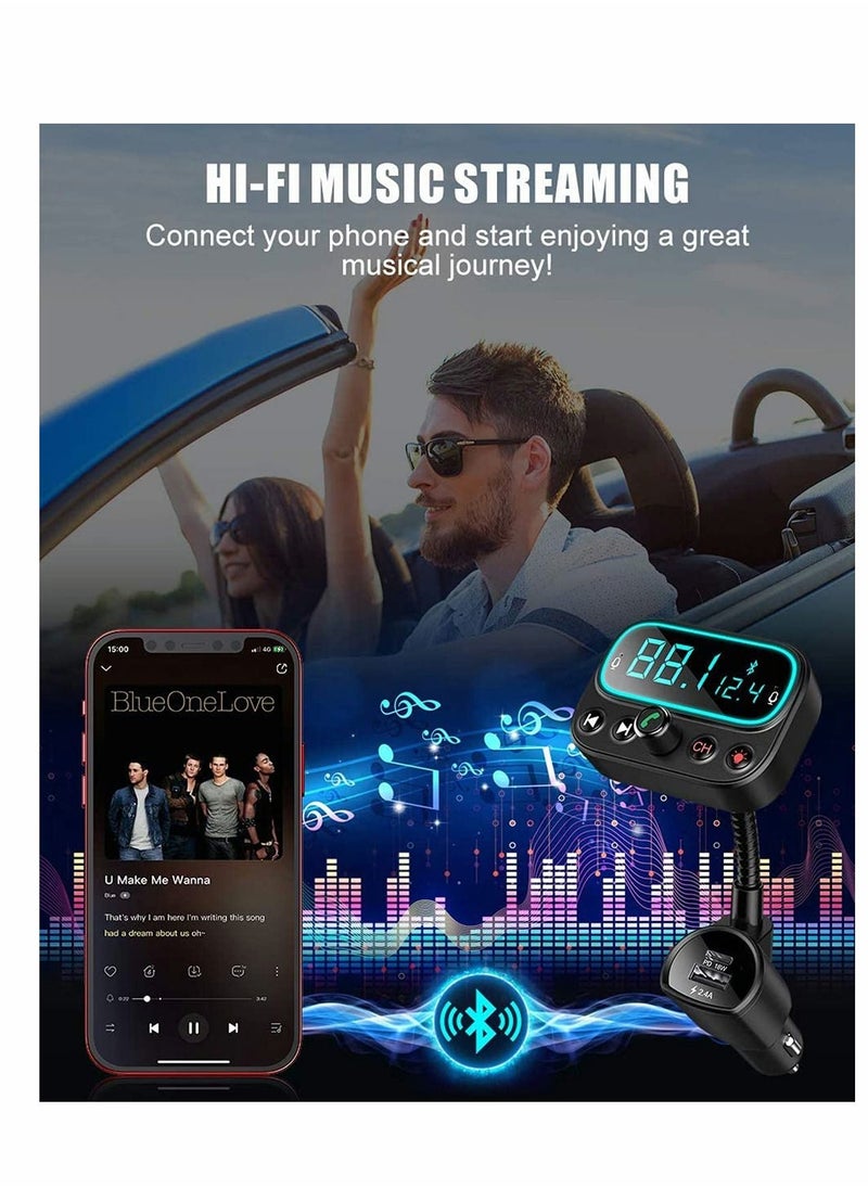 KASTWAVE - Bluetooth 5.0 FM Transmitter for Car, USB C PD Bluetooth Car Adapter with Dual Mic 2.0" LCD Display 3 USB Ports 9 Color LED Backlit, Wireless Car Kit - Image 1