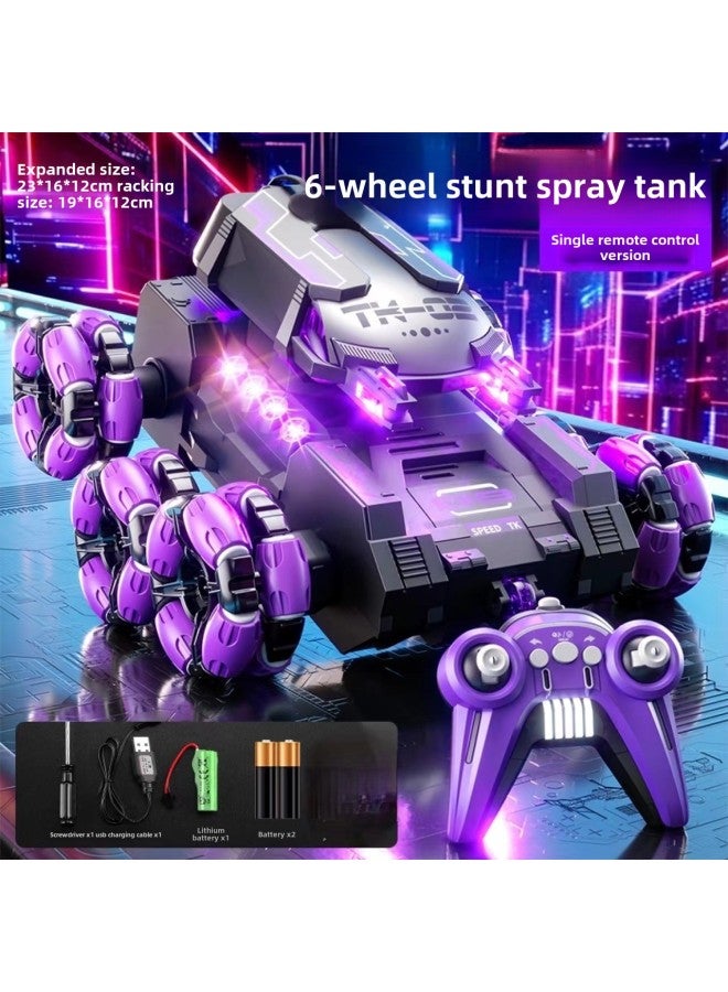 Children's Spray Tank Remote Control Car Electronic Six-wheel Stunt Simulation Off-road Birthday Gift Toys-Color:Purple Spray Six-wheel Stunt Tank [single Control]-Specifications:Two Sets Of Lithium Batteries + Accessory Pack [free 11k Thousand-haired Water Bombs]  - Image 1