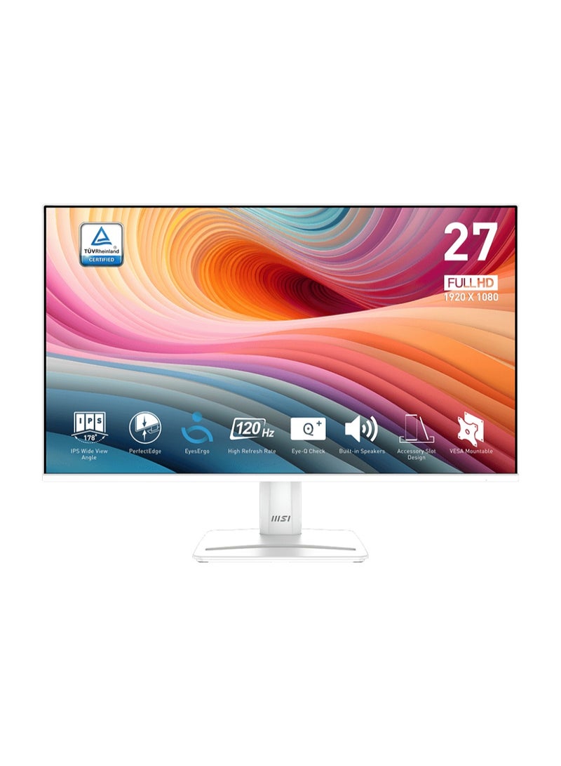 MSI PRO MP275W E2 27-Inch FHD IPS Monitor, 1920x1080, 120Hz Refresh Rate, 1ms MPRT, 116% sRGB, Anti-Glare, TÜV Low Blue Light, AMD FreeSync & G-Sync Compatible, HDMI 2.0, DisplayPort 1.2a, VGA, Built-in Speakers, VESA Mount, White Bezel Design | 9S6-3PD3CM-050 - Image 1