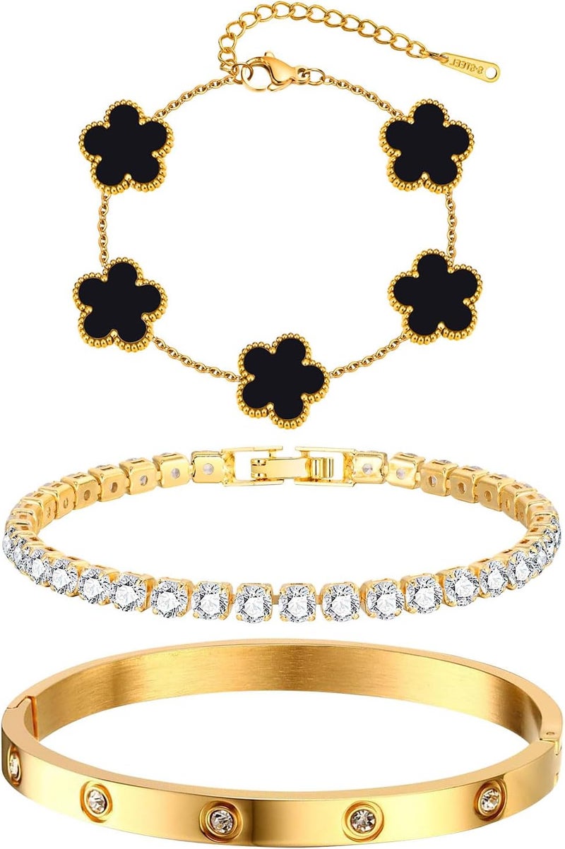 MPRAINBOW Womens Stackable Floral Gold Bracelets - 3Pcs 18K Gold Plated Bracelet Set - Image 1