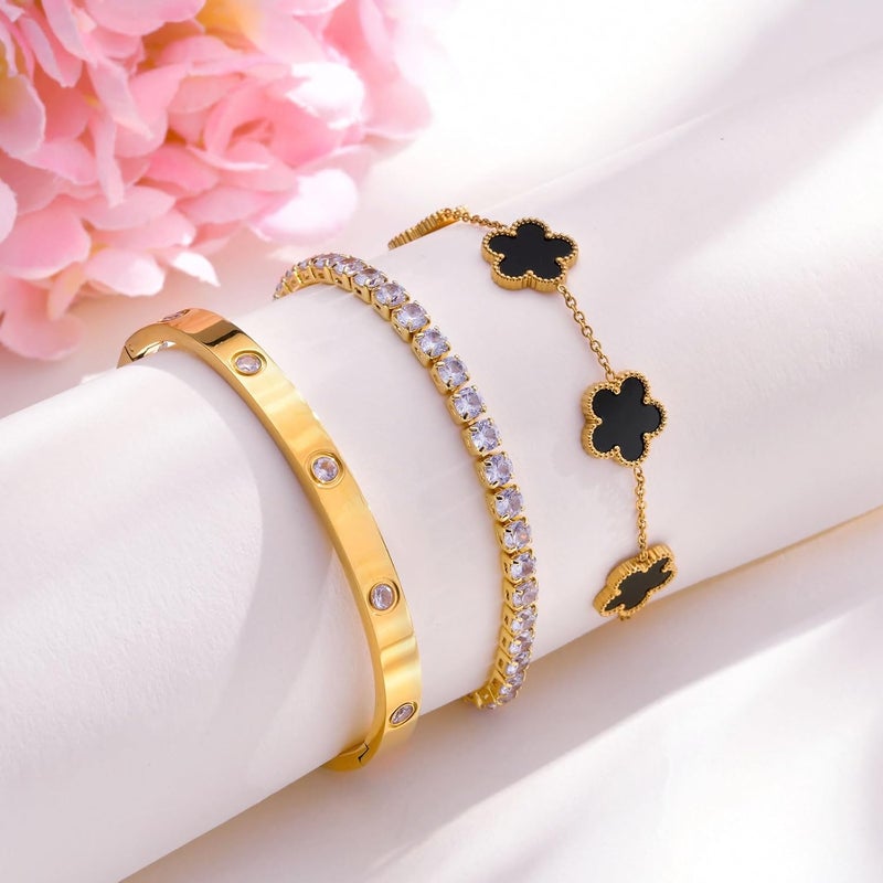 MPRAINBOW Womens Stackable Floral Gold Bracelets - 3Pcs 18K Gold Plated Bracelet Set - Image 4