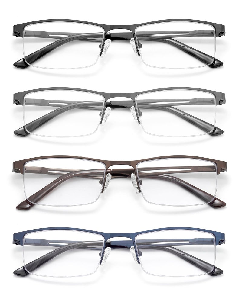 HIGHLIKE 4-Pack Blue Light Reading Glasses for Men, Metal Half Frame Readers Spring Hinge Clear Lens Eyeglasses with Pouches, Semi Rimless Black Gunmetal Brown Blue 1.25 x - Image 1