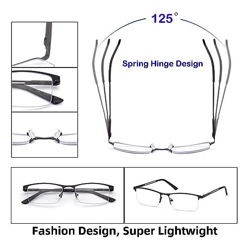 HIGHLIKE 4-Pack Blue Light Reading Glasses for Men, Metal Half Frame Readers Spring Hinge Clear Lens Eyeglasses with Pouches, Semi Rimless Black Gunmetal Brown Blue 1.25 x - Image 3