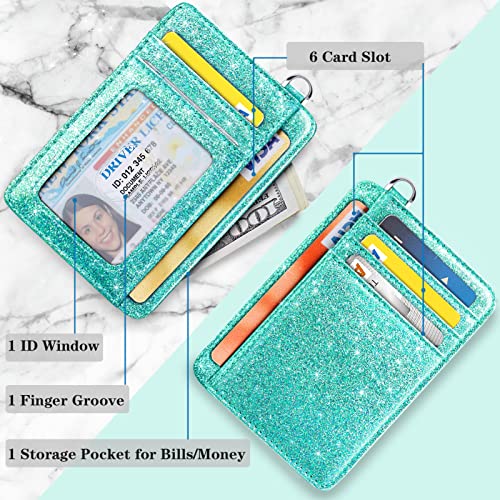 Coco Rossi Slim Front Pocket Wallet RFID ID Card Holder Cute Small Wallet with Keychian for Women,Glitter Tiffany - Image 3