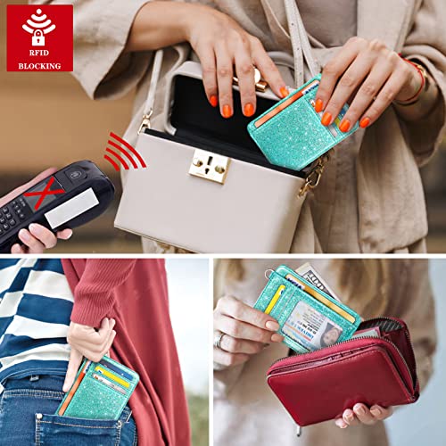 Coco Rossi Slim Front Pocket Wallet RFID ID Card Holder Cute Small Wallet with Keychian for Women,Glitter Tiffany - Image 4