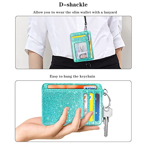 Coco Rossi Slim Front Pocket Wallet RFID ID Card Holder Cute Small Wallet with Keychian for Women,Glitter Tiffany - Image 5