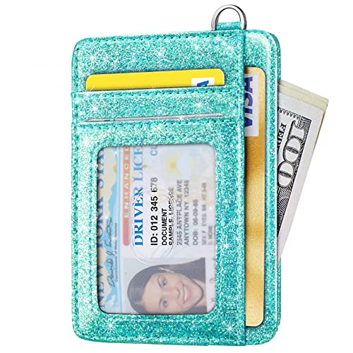 Coco Rossi Slim Front Pocket Wallet RFID ID Card Holder Cute Small Wallet with Keychian for Women,Glitter Tiffany - Image 2