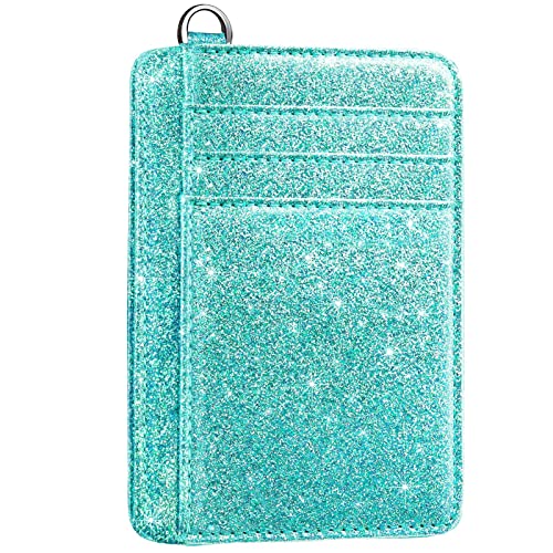 Coco Rossi Slim Front Pocket Wallet RFID ID Card Holder Cute Small Wallet with Keychian for Women,Glitter Tiffany - Image 1