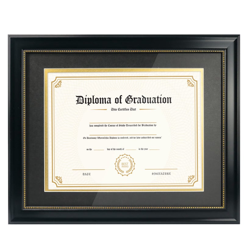 GraduatePro 85x11 Diploma Frame with Black Over Gold Mat or Display 11x14 Document Without Mat CPA License Frame UV Protection Acrylic Black with Gold Beads