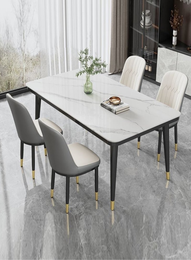 Raffine Modern Multipurpose Industrial Standard Rectangle Sintered Stone Dining Table and 4 Concave Curve Chair Set for Kitchen Restroom Metal and Marble 120 x 60 x 75 and 40 x 42 x 86 Centimeter - Image 1